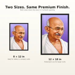 Mahatma Gandhi clear smiling Gandhi portrait on a purple background photo frame – 8×12 and 12×18 Inch Size Guide