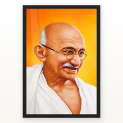 Mahatma Gandhi clear smiling Gandhi portrait on a saffron background photo frame – Black Frame