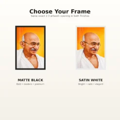 Mahatma Gandhi Saffron Background Portrait Photo Frame 16 Mahatma Gandhi clear smiling Gandhi portrait on a saffron background photo frame – Black and White Frame Options