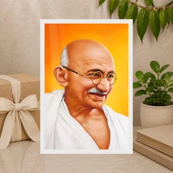 Mahatma Gandhi Saffron Background Portrait Photo Frame 19 Mahatma Gandhi clear smiling Gandhi portrait on a saffron background photo frame – Gift Display