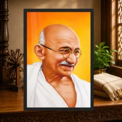 Mahatma Gandhi Saffron Background Portrait Photo Frame 13 Mahatma Gandhi clear smiling Gandhi portrait on a saffron background photo frame – Heritage Study Display