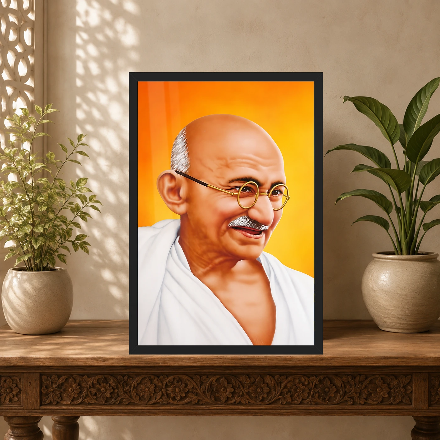 Mahatma Gandhi Saffron Background Portrait Photo Frame 5 Mahatma Gandhi clear smiling Gandhi portrait on a saffron background photo frame – Indian Carved Console Display