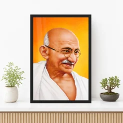 Mahatma Gandhi Saffron Background Portrait Photo Frame 12 Mahatma Gandhi clear smiling Gandhi portrait on a saffron background photo frame – Premium Console Display