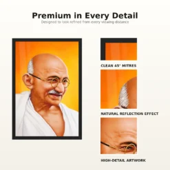 Mahatma Gandhi Saffron Background Portrait Photo Frame 18 Mahatma Gandhi clear smiling Gandhi portrait on a saffron background photo frame – Frame and Print Details