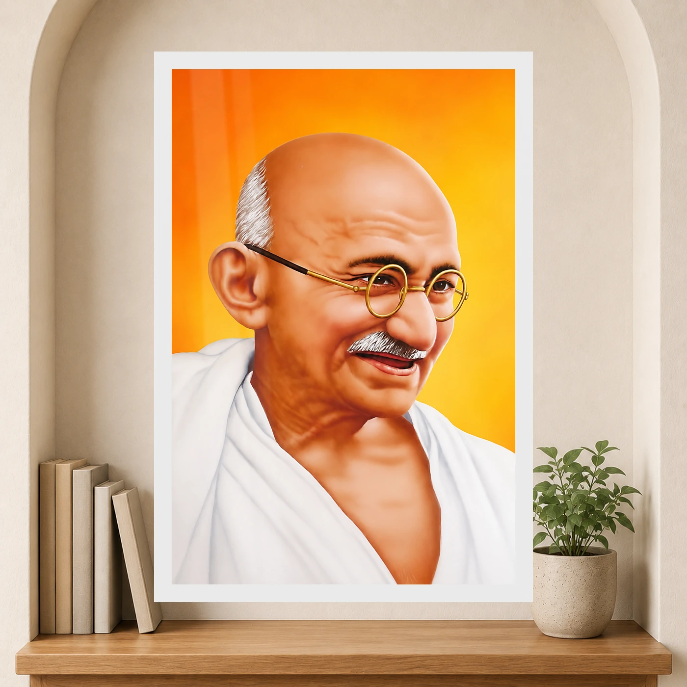 Mahatma Gandhi Saffron Background Portrait Photo Frame 6 Mahatma Gandhi clear smiling Gandhi portrait on a saffron background photo frame – Reading Niche Display