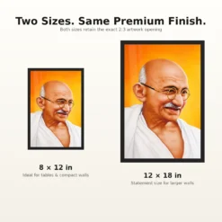 Mahatma Gandhi Saffron Background Portrait Photo Frame 17 Mahatma Gandhi clear smiling Gandhi portrait on a saffron background photo frame – 8×12 and 12×18 Inch Size Guide