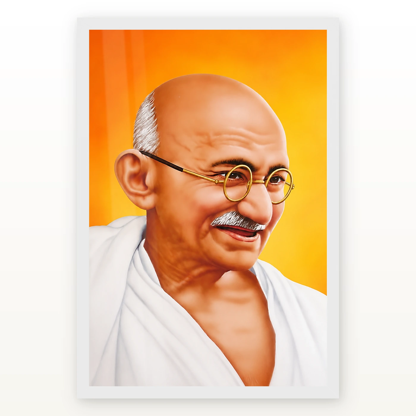 Mahatma Gandhi Saffron Background Portrait Photo Frame 2 Mahatma Gandhi clear smiling Gandhi portrait on a saffron background photo frame – White Frame
