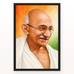 Mahatma Gandhi clear smiling Gandhi portrait on a tricolor background photo frame – Black Frame