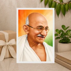 Mahatma Gandhi clear smiling Gandhi portrait on a tricolor background photo frame – Gift Display