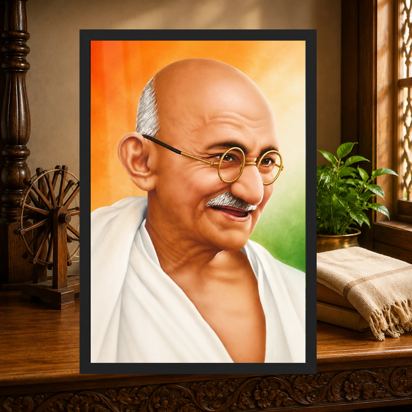 Mahatma Gandhi clear smiling Gandhi portrait on a tricolor background photo frame – Heritage Study Display