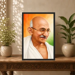 Mahatma Gandhi clear smiling Gandhi portrait on a tricolor background photo frame – Indian Carved Console Display