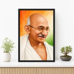 Mahatma Gandhi clear smiling Gandhi portrait on a tricolor background photo frame – Premium Console Display