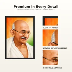 Mahatma Gandhi clear smiling Gandhi portrait on a tricolor background photo frame – Frame and Print Details