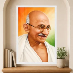 Mahatma Gandhi clear smiling Gandhi portrait on a tricolor background photo frame – Reading Niche Display