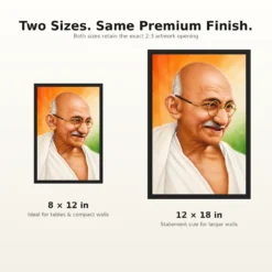Mahatma Gandhi clear smiling Gandhi portrait on a tricolor background photo frame – 8×12 and 12×18 Inch Size Guide