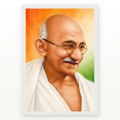 Mahatma Gandhi clear smiling Gandhi portrait on a tricolor background photo frame – White Frame