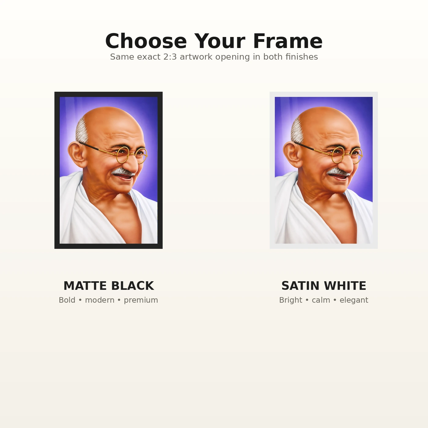 Mahatma Gandhi Violet Background Portrait Photo Frame 7 Mahatma Gandhi clear smiling Gandhi portrait on a violet background photo frame – Black and White Frame Options