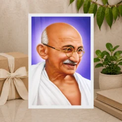 Mahatma Gandhi Violet Background Portrait Photo Frame 19 Mahatma Gandhi clear smiling Gandhi portrait on a violet background photo frame – Gift Display