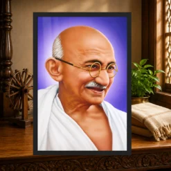 Mahatma Gandhi Violet Background Portrait Photo Frame 13 Mahatma Gandhi clear smiling Gandhi portrait on a violet background photo frame – Heritage Study Display