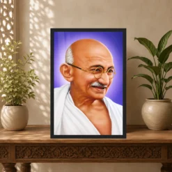 Mahatma Gandhi Violet Background Portrait Photo Frame 14 Mahatma Gandhi clear smiling Gandhi portrait on a violet background photo frame – Indian Carved Console Display