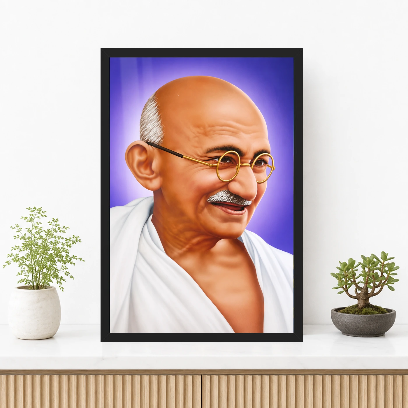 Mahatma Gandhi Violet Background Portrait Photo Frame 3 Mahatma Gandhi clear smiling Gandhi portrait on a violet background photo frame – Premium Console Display