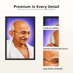 Mahatma Gandhi Violet Background Portrait Photo Frame 18 Mahatma Gandhi clear smiling Gandhi portrait on a violet background photo frame – Frame and Print Details