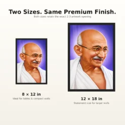 Mahatma Gandhi Violet Background Portrait Photo Frame 17 Mahatma Gandhi clear smiling Gandhi portrait on a violet background photo frame – 8×12 and 12×18 Inch Size Guide