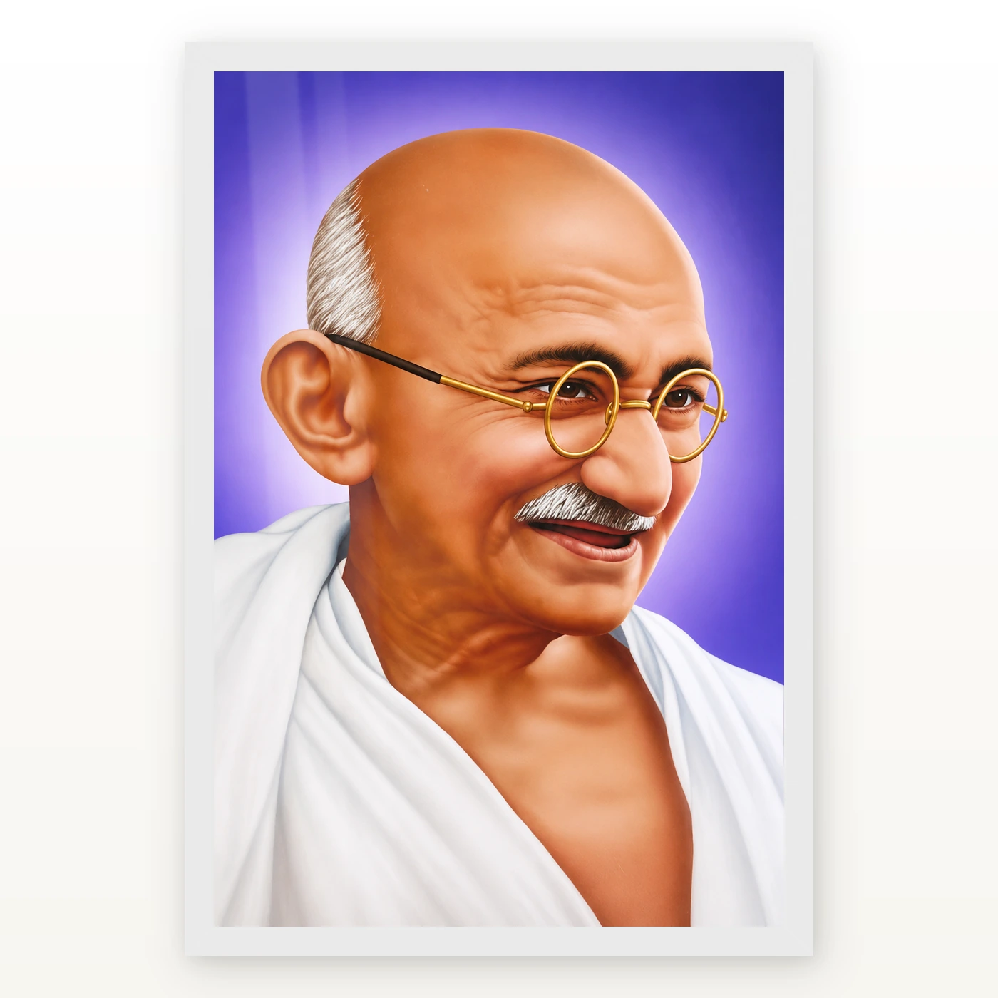 Mahatma Gandhi Violet Background Portrait Photo Frame 2 Mahatma Gandhi clear smiling Gandhi portrait on a violet background photo frame – White Frame