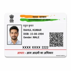 Masked Aadhaar PVC card straight front sample for Rahul Kumar with XXXX XXXX 2222