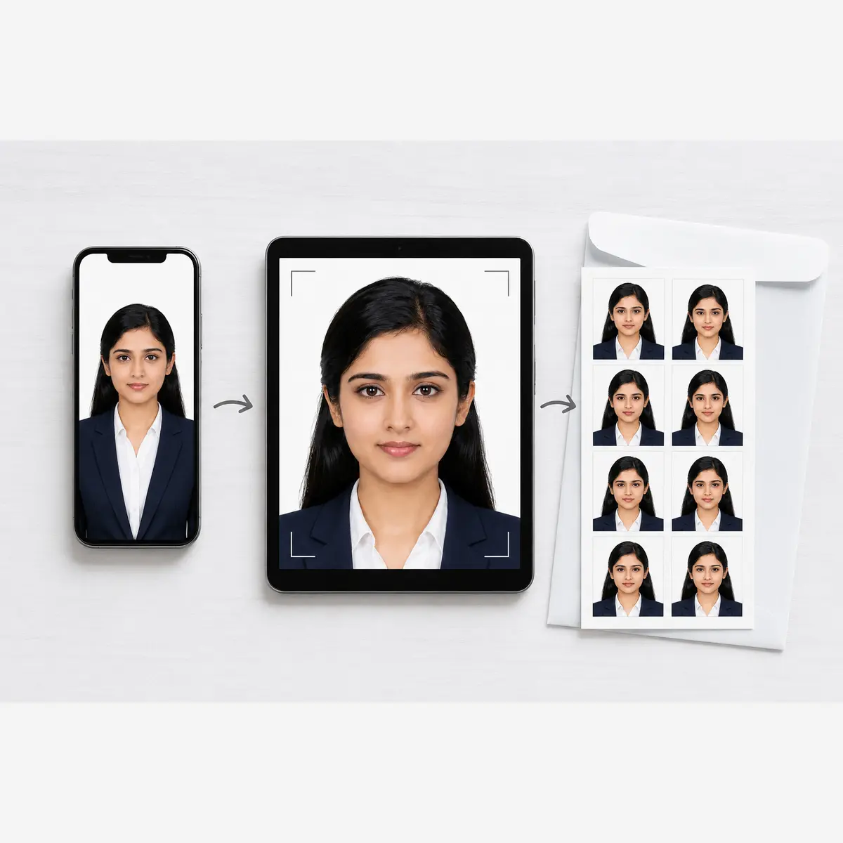 Square visual showing passport photo upload crop print and delivery process