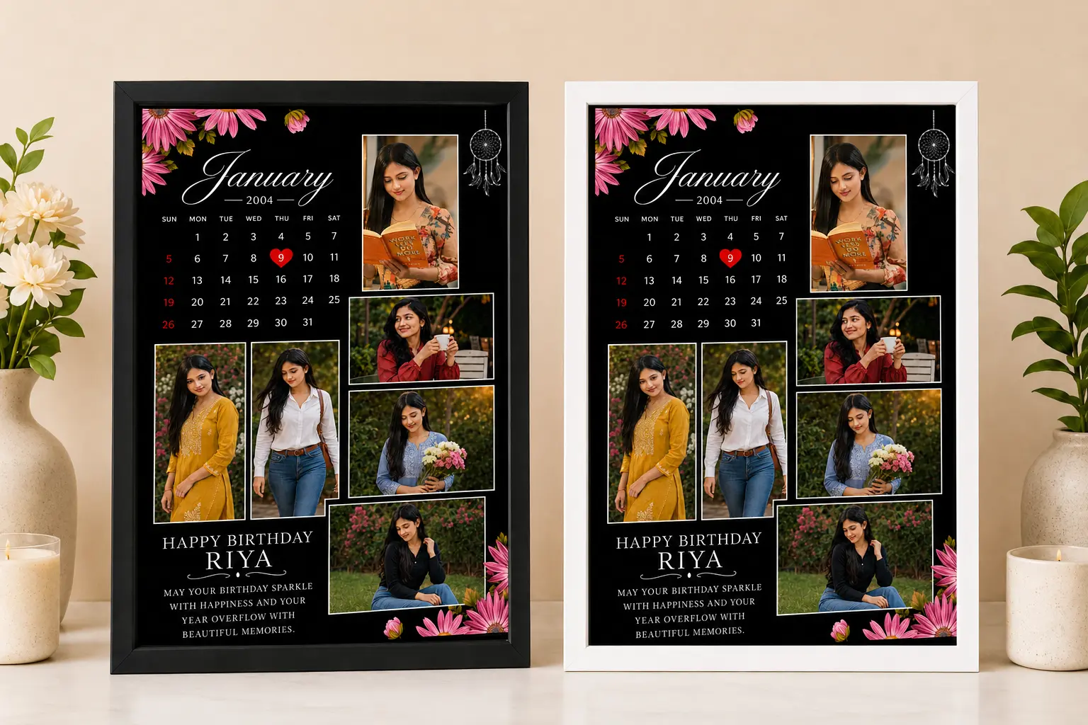 Personalized Elegant Floral Birthday Calendar Photo Frame 15 Personalized Elegant Floral Birthday Calendar Photo Frame – black and white frame options