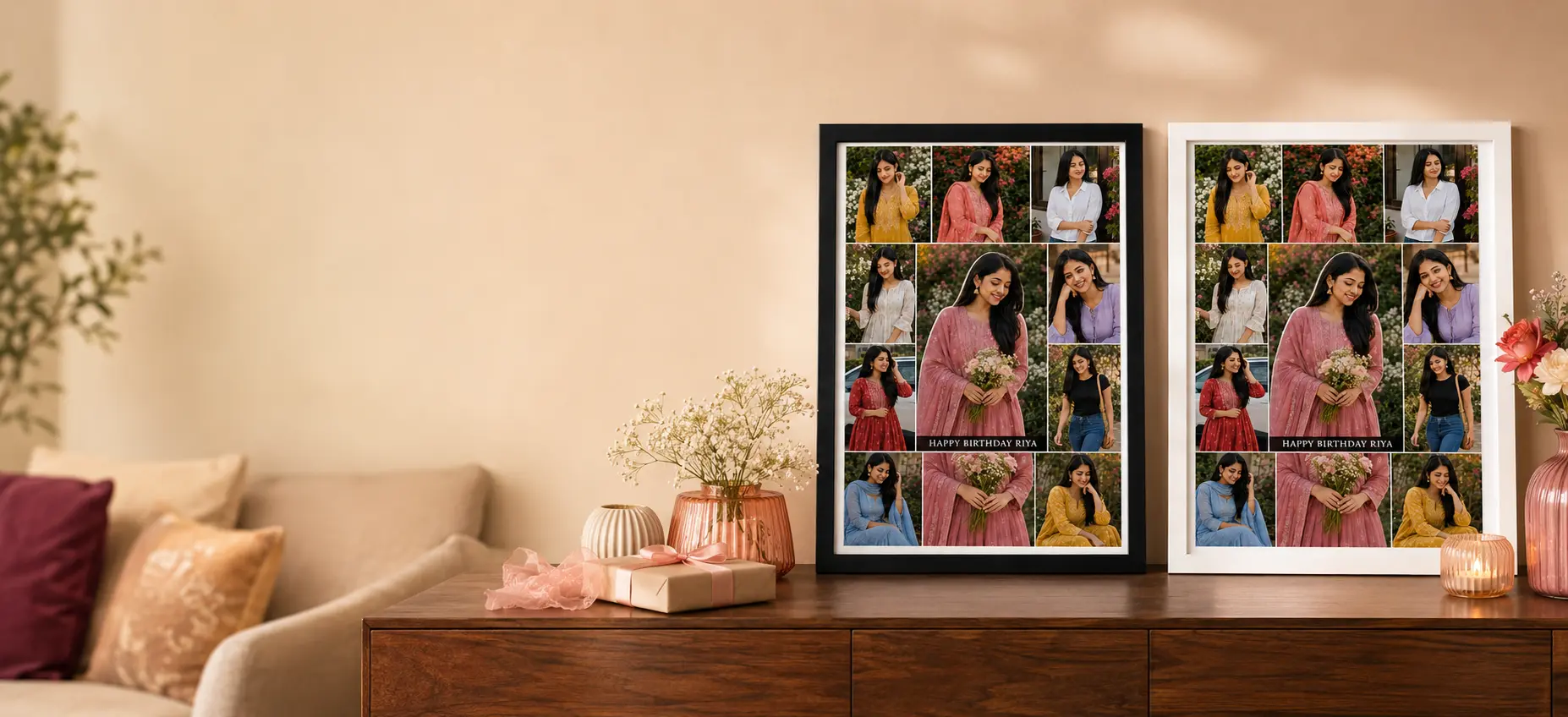 Home 49 Personalized collage photo frames displayed in a warm home