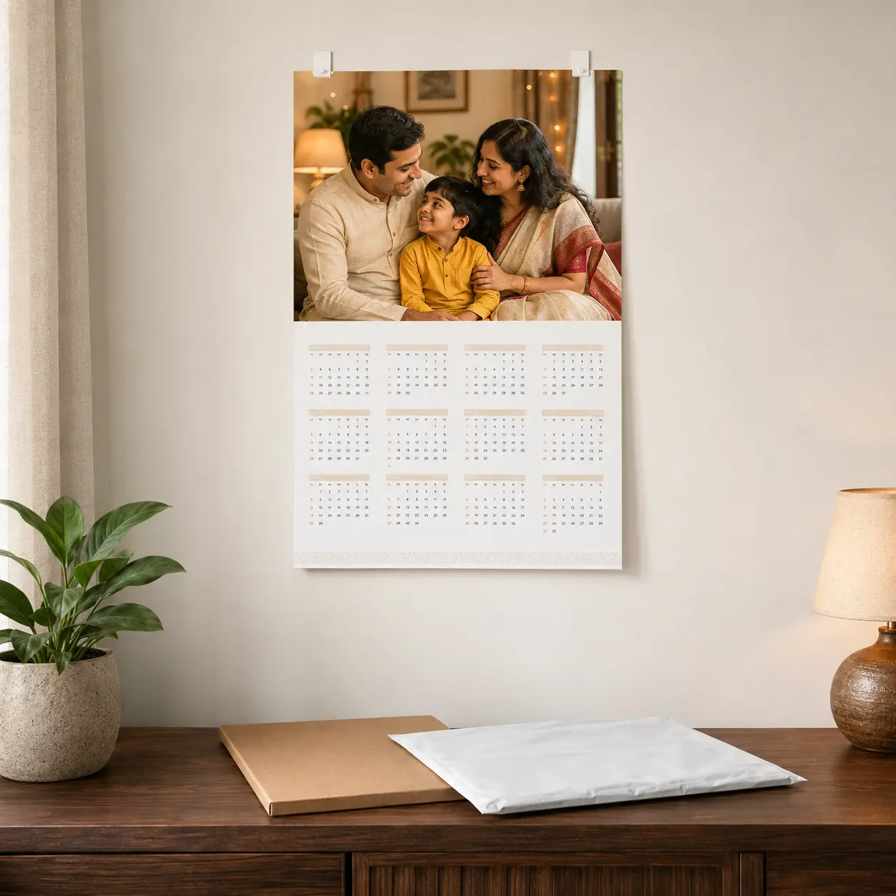 Personalised Single-Sheet Photo Calendar – A4 & A3 5 Single-sheet photo calendar displayed in an Indian home