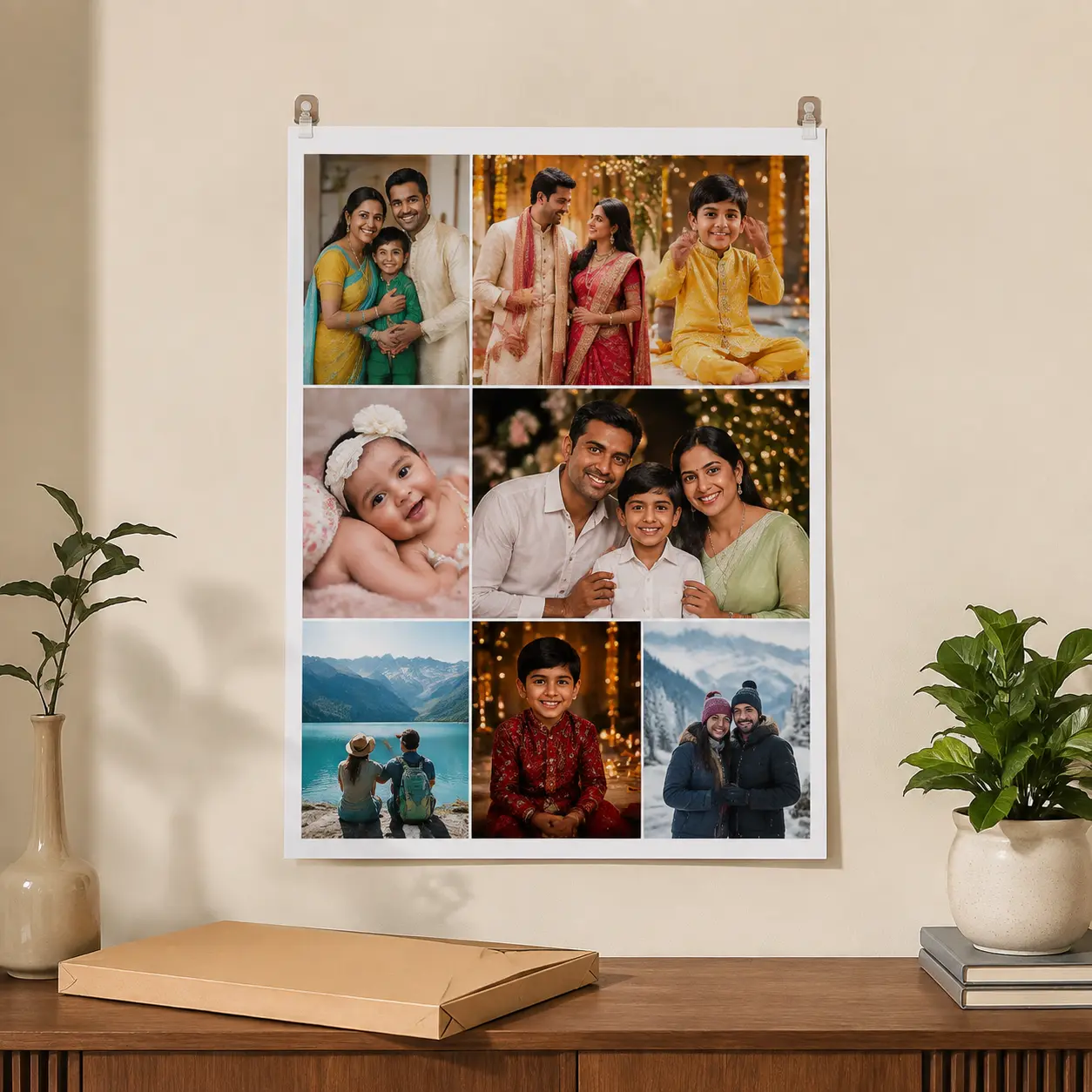 Custom Photo Collage Poster Online – A4 & A3 5 Unframed custom photo collage poster in an Indian home
