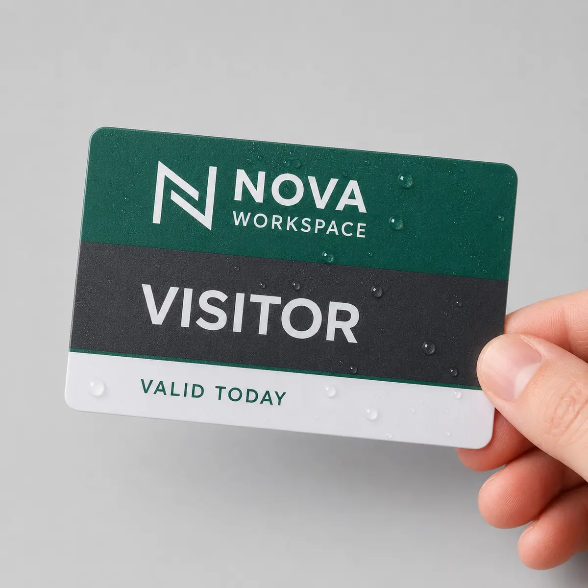 PVC Visitor ID Card Printing Online | ₹99 4 Private PVC visitor card with light water droplets on its surface