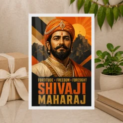 Shivaji Maharaj Fortitude Freedom Foresight Photo Frame showing a bold geometric fort poster with the message Fortitude, Freedom and Foresight – Premium Gift Display View