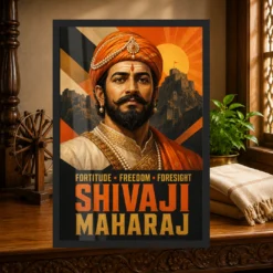 Shivaji Maharaj Fortitude Freedom Foresight Photo Frame showing a bold geometric fort poster with the message Fortitude, Freedom and Foresight – Heritage Study Lifestyle View