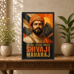 Shivaji Maharaj Fortitude Freedom Foresight Photo Frame showing a bold geometric fort poster with the message Fortitude, Freedom and Foresight – Indian Carved Console View