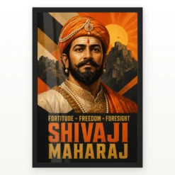 Shivaji Maharaj Fortitude Freedom Foresight Photo Frame showing a bold geometric fort poster with the message Fortitude, Freedom and Foresight – Black Frame Main View