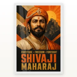 Shivaji Maharaj Fortitude Freedom Foresight Photo Frame showing a bold geometric fort poster with the message Fortitude, Freedom and Foresight – White Frame Main View