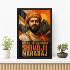 Shivaji Maharaj Fortitude Freedom Foresight Photo Frame showing a bold geometric fort poster with the message Fortitude, Freedom and Foresight – Premium Console Lifestyle View