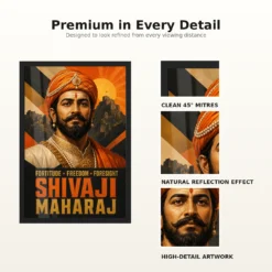 Shivaji Maharaj Fortitude Freedom Foresight Photo Frame showing a bold geometric fort poster with the message Fortitude, Freedom and Foresight – Frame and Print Detail View