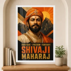 Shivaji Maharaj Fortitude Freedom Foresight Photo Frame showing a bold geometric fort poster with the message Fortitude, Freedom and Foresight – Premium Reading Niche View