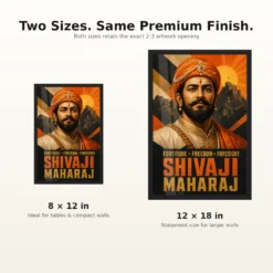 Shivaji Maharaj Fortitude Freedom Foresight Photo Frame showing a bold geometric fort poster with the message Fortitude, Freedom and Foresight – 8×12 and 12×18 Inch Size Guide