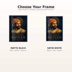 Shivaji Maharaj Founder of Hindavi Swarajya Photo Frame showing a navy-and-gold editorial portrait with fort-map details and Founder of Hindavi Swarajya typography – Black and White Frame Options