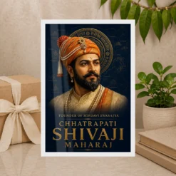 Shivaji Maharaj Founder of Hindavi Swarajya Photo Frame showing a navy-and-gold editorial portrait with fort-map details and Founder of Hindavi Swarajya typography – Premium Gift Display View