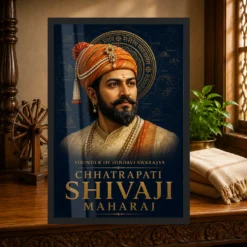 Shivaji Maharaj Founder of Hindavi Swarajya Photo Frame showing a navy-and-gold editorial portrait with fort-map details and Founder of Hindavi Swarajya typography – Heritage Study Lifestyle View