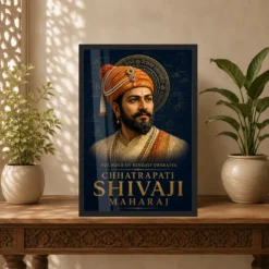 Shivaji Maharaj Founder of Hindavi Swarajya Photo Frame showing a navy-and-gold editorial portrait with fort-map details and Founder of Hindavi Swarajya typography – Indian Carved Console View