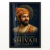 Shivaji Maharaj Founder of Hindavi Swarajya Photo Frame showing a navy-and-gold editorial portrait with fort-map details and Founder of Hindavi Swarajya typography – Black Frame Main View