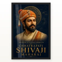 Shivaji Maharaj Founder of Hindavi Swarajya Photo Frame showing a navy-and-gold editorial portrait with fort-map details and Founder of Hindavi Swarajya typography – Black Frame Main View